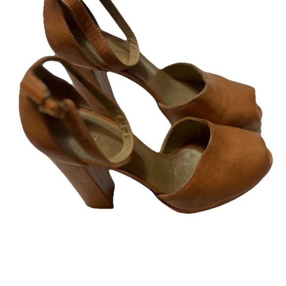 Stuart Weitzman Ankle Strap Platform Shoes Sz 7.5 Brown Leather Block Heels - Picture 3 of 8